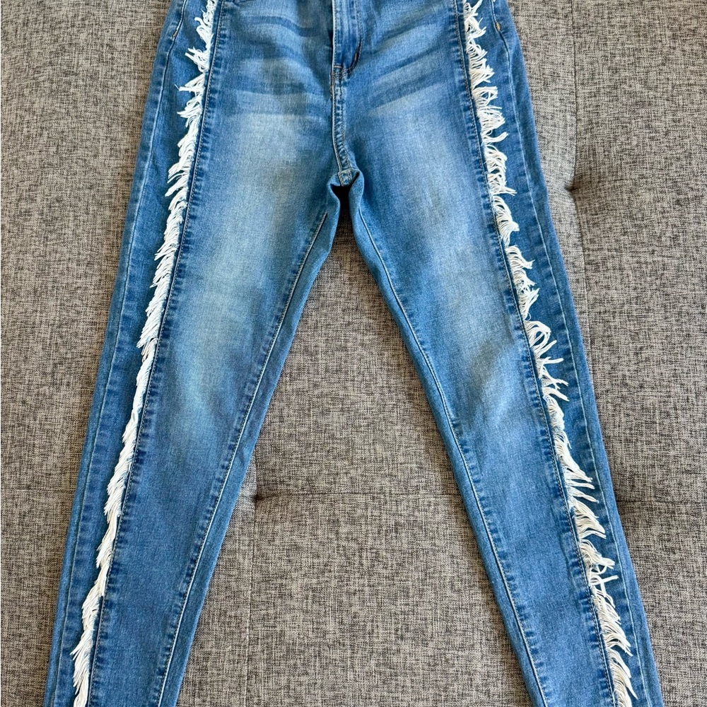 SHEIN Blue Skinny Jeans with Fringe